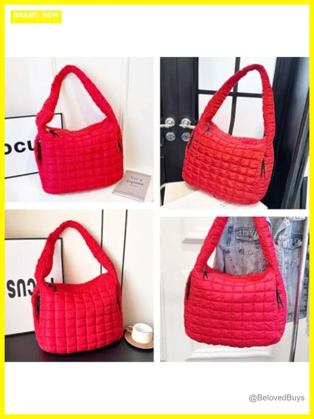 Quilted Puffer Tote Bag with Shoulder Strap, Large Puffy Hobo Bag for Travel